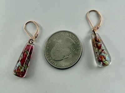 Vintage Upcycled W. German Pink Swirled Multi Color Art Glass Leverback Earrings
