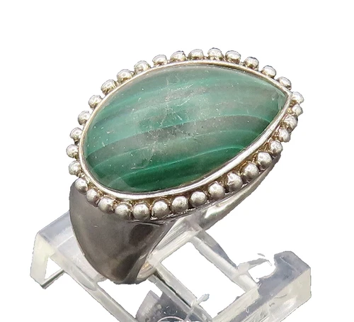 925 Silver  Vintage Water Drop Cut Malachite Halo Beaded Ring Sz 6  RG27151
