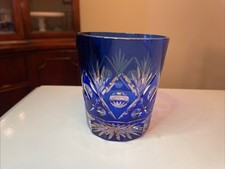 Whisky Glass Tumbler Japan Style Edo Kiriko Glassware Hand Cut To Clear Blue 9oz