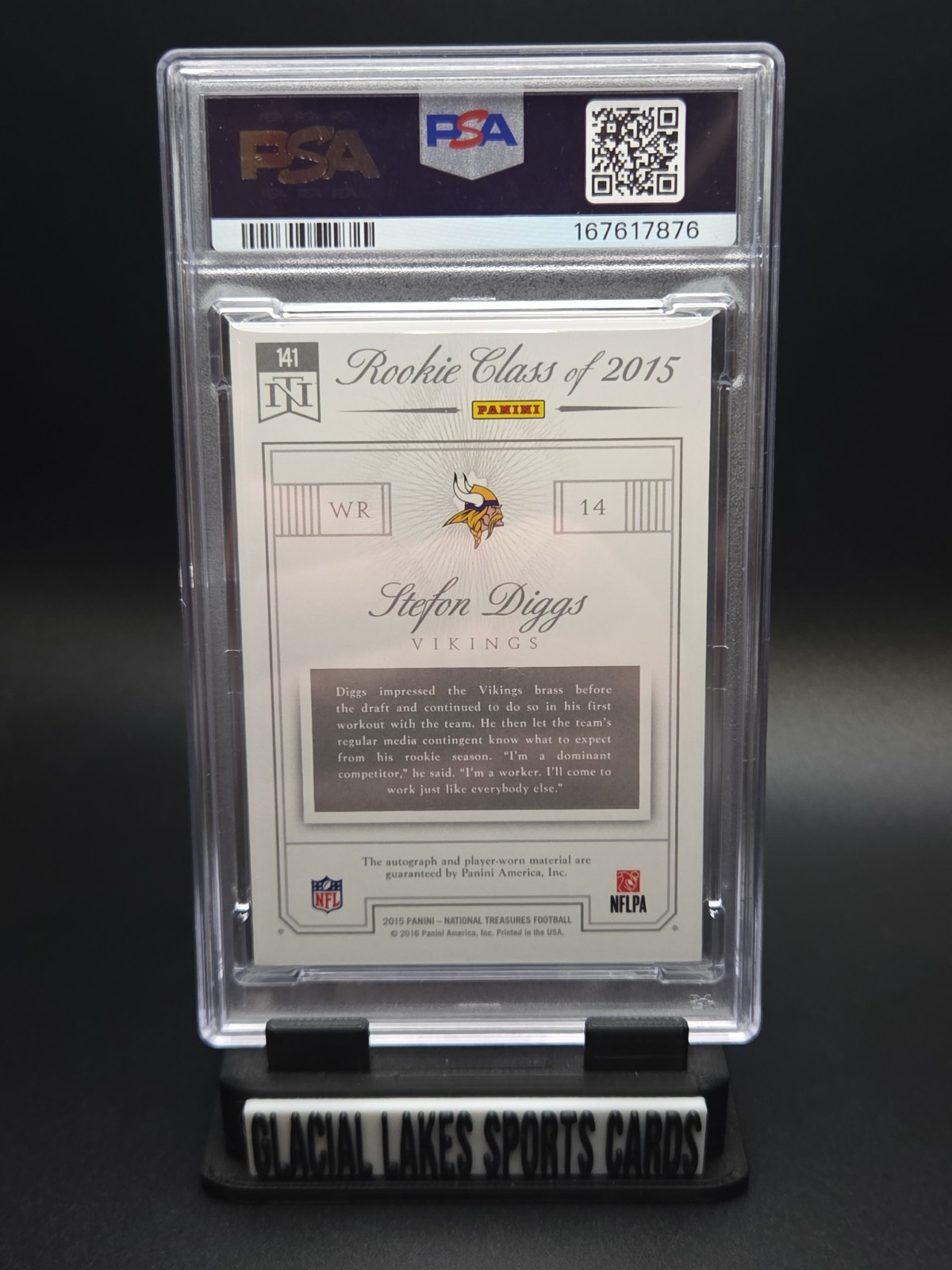 2015 National Treasures - RPS Rookie Patch Autograph Stefon Diggs PSA 7 Auto 10 view 2