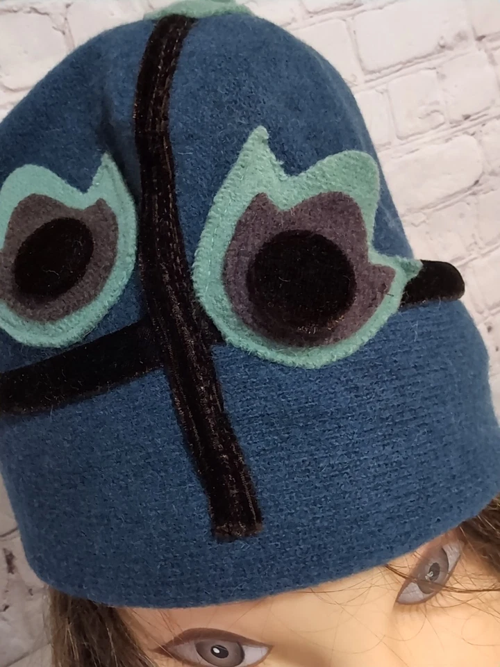 Mujer Asiático Ojo 100% Lana Azul Sombrero Fieltro Lana Terciopelo Borde Floral Apliques Arte Foto 3 de 4