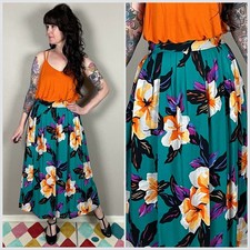 Vintage 1970s Teal Hawaiian Orange Blossom Print Pleated Midi Skirt - 30" Waist