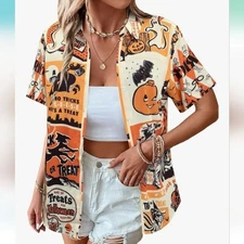 Women's Halloween Hocus Pocus Pumpkin Graphic Button-Up Shirt - NIP