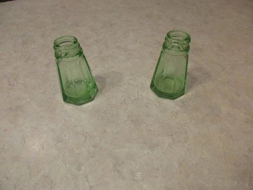 Hazel Atlas Green Uranium Glass Salt & Pepper Octagonal Depression Glass Shakers