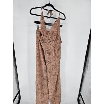 Pretty Little Thing Womens Sz 6 Halter Jumpsuit Stone Printed Wide Leg NEW