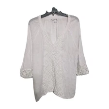 Counterparts Women’s Large White V Neck 3/4 Sleeve Eyelet trim Tunic Shirt Beach