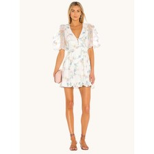 For Love & Lemons White Embroidered Floral Mini Dress Sheer Puff Sleeve Small