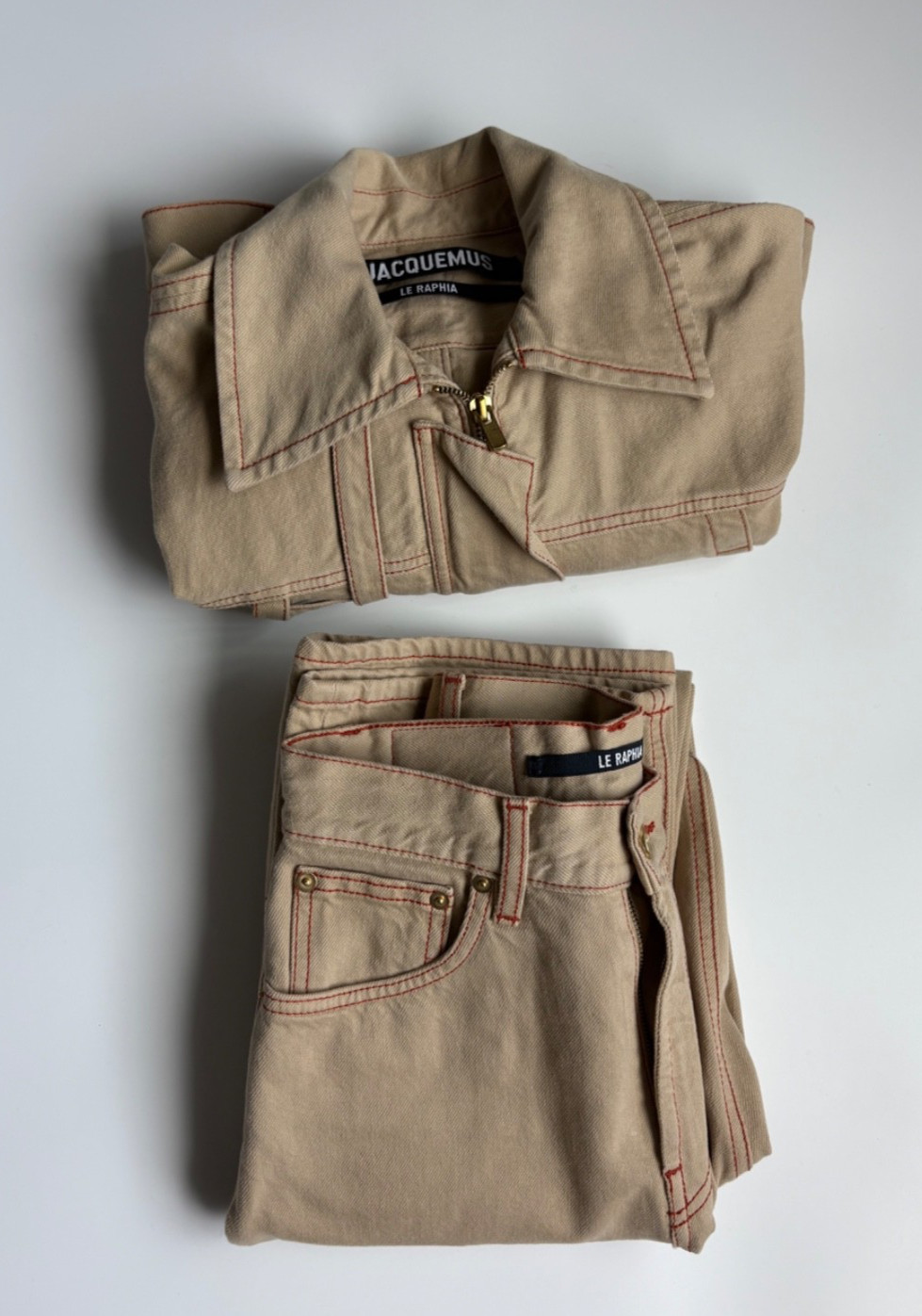 Jacquemus Le Raphia Denim Set- De Nimes Crop Jacket 36 & Jeans 26 Beige NWOT image 3