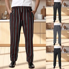 Mens Baggy streak Chef Pants Restaurant Work Pant Elastic Waist with Pockets New
