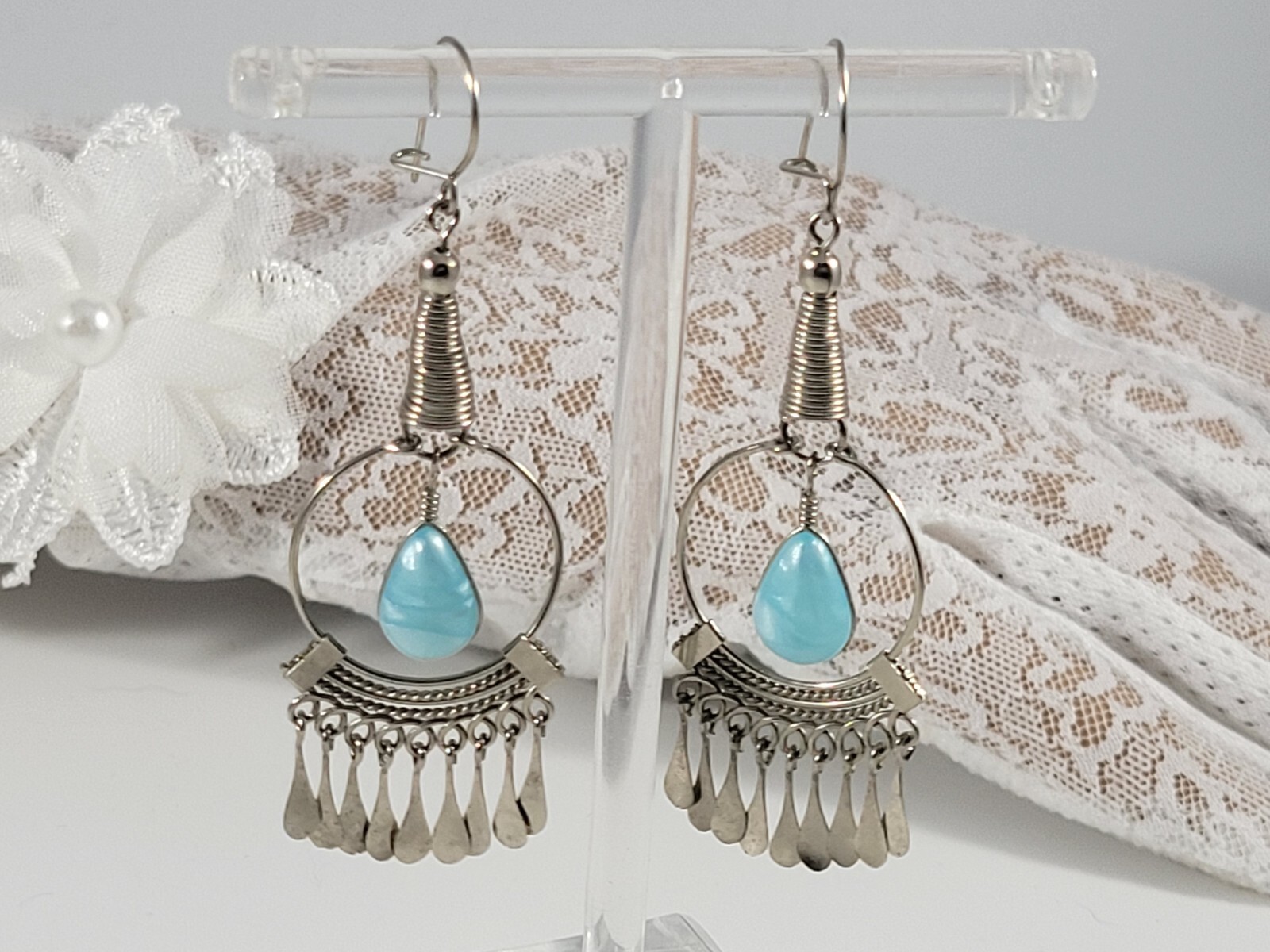 Vintage Earrings Silve Tone Blue Stone Dandge Wir… - image 3