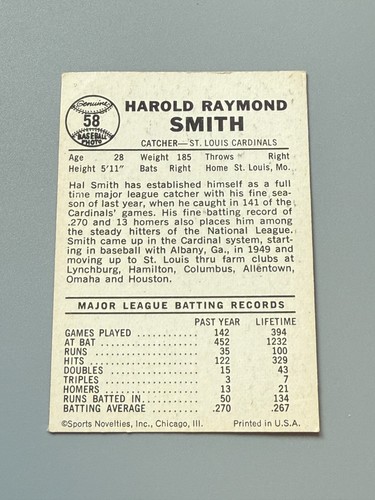 1960 Leaf Baseball #58 Hal Smith -crease - Picture 2 of 2