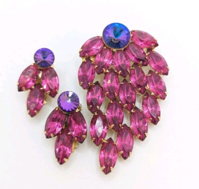 Parure Vintage Cristal Watermelon – Broche Et Boucles D'oreilles – Années 50/60