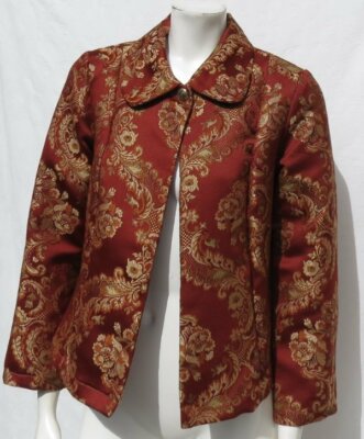 LOCO LINDO Brown Floral Brocade Washable 100% Silk Evening Jacket sz USA M L EUC