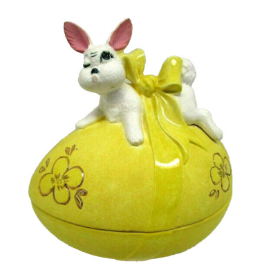 Vintage 1965 Atlantic Mold Ceramic Easter Egg Covered Candy Dish Bunny Rabbit 