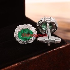 Lab Created Emerald Gemstone With White Gold Plated Silver Cufflinks 1010