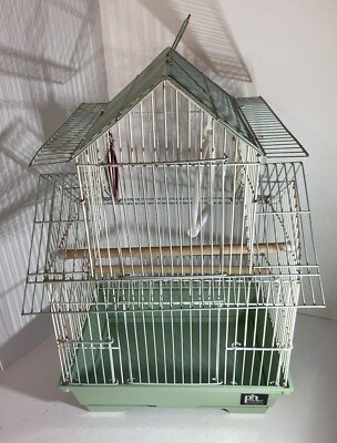 PREVUE HENDRYX METAL & PLASTIC BIRD CAGE. PERCH, MIRROR, 2 RODS. WHITE & GREEN