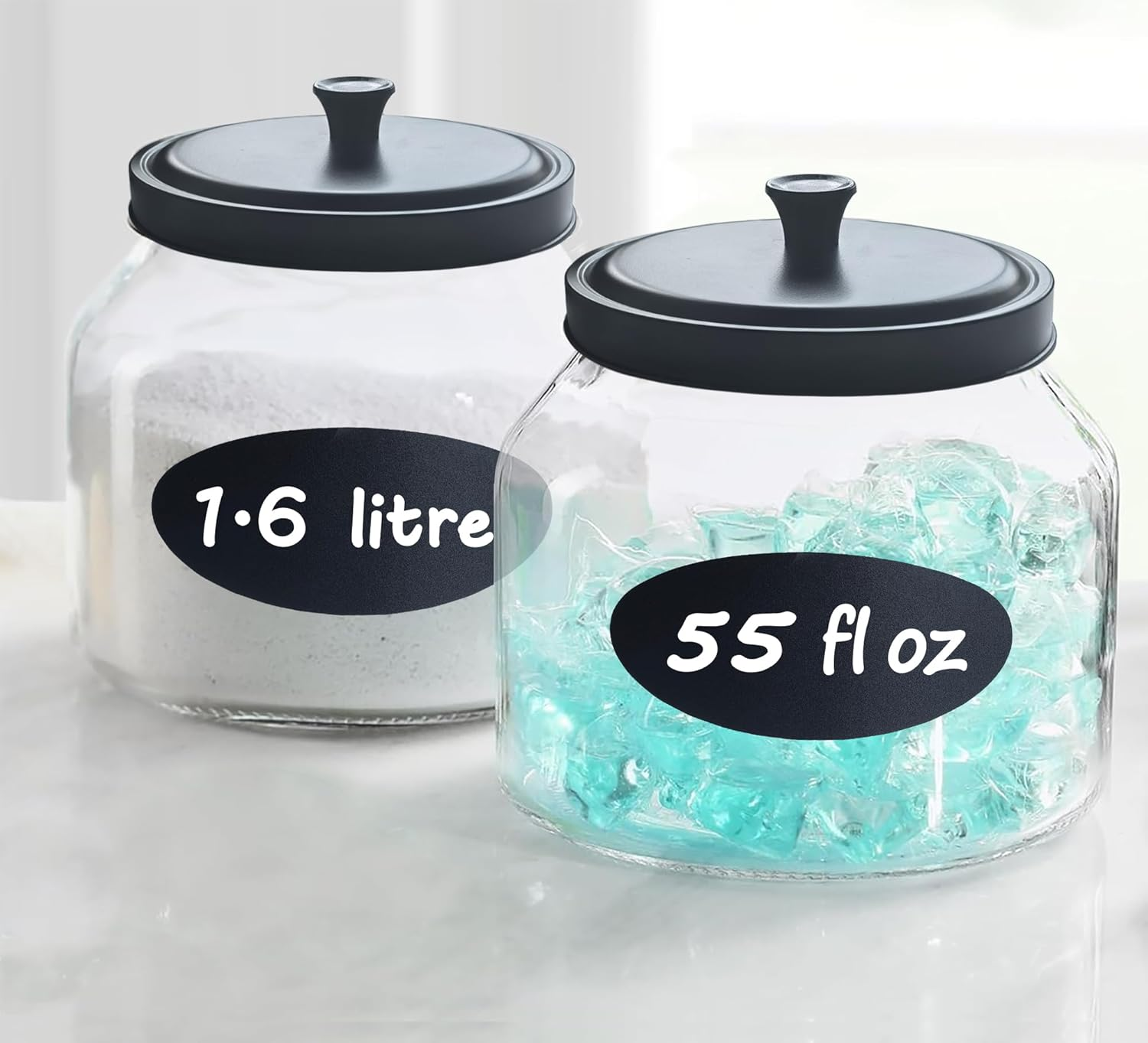 55 fl oz clear glass jars with black metal lids for food storage