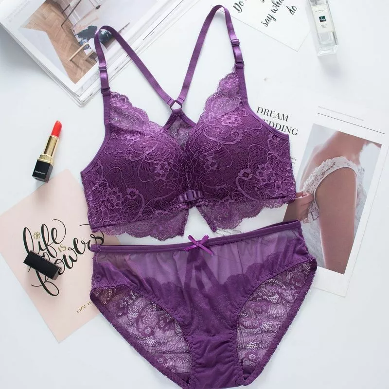 Women Lace Lingerie Bra Underwear Set Babydoll Sexy Nightie Sleepwear  Purple 40C