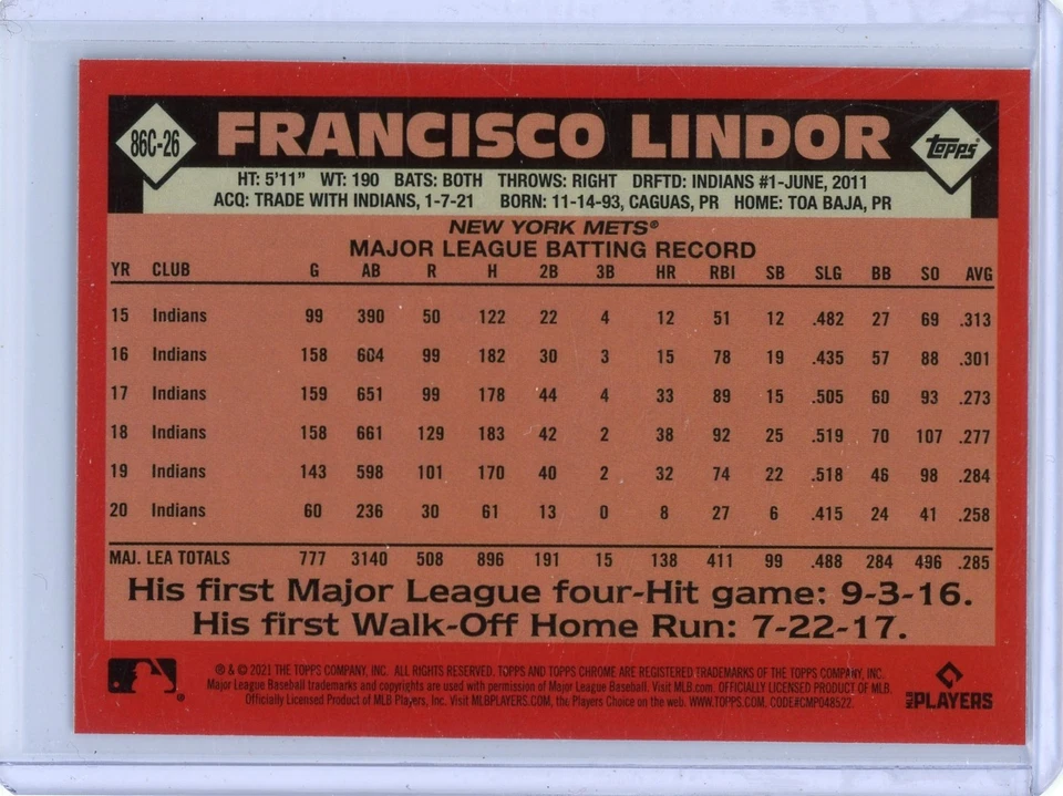 2021 Topps Update Francisco Lindor New York Mets '86 Mojo Refractor Card #86C-26 - Image 2 of 2