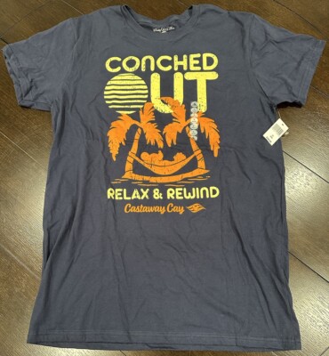 Disney Cruise Line Castaway Cay CONCHED OUT Mickey Beach Navy T-Shirt Large NWT