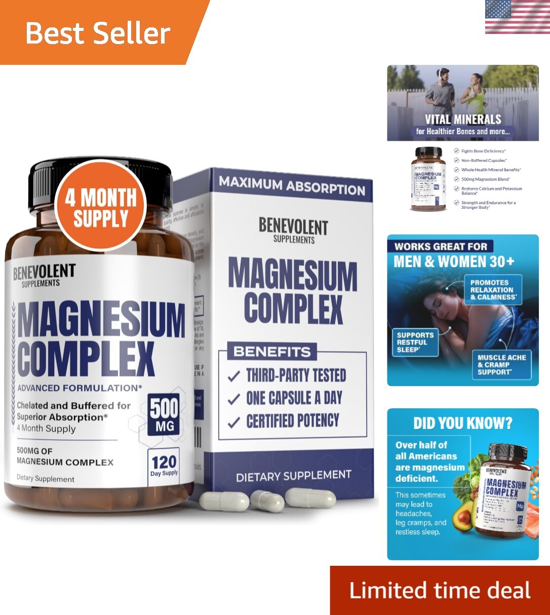 Benevolent Magnesium Complex - 4-Month Supply, 500mg, 120 Capsules for Calm