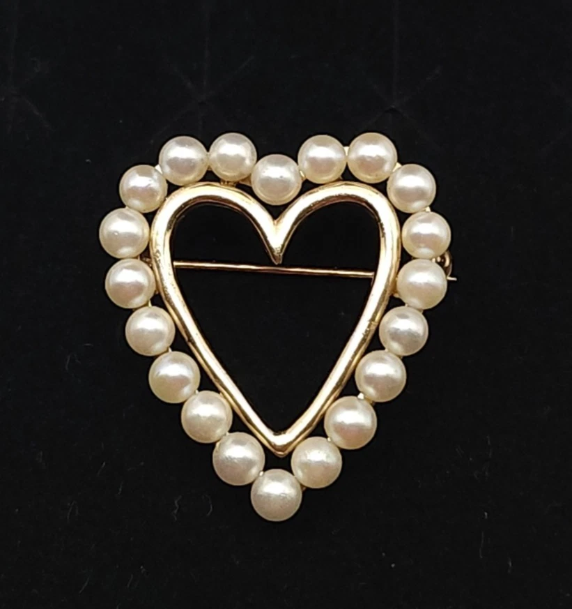 Broche prendedor corazón de oro amarillo y perlas de 14 quilates Lovers Heart aniversario boda Foto 3 de 4