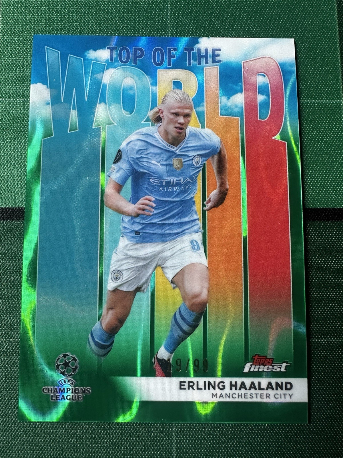 2023-24 Topps Finest Erling Haaland Green Top of the World /99 Manchester City view 1