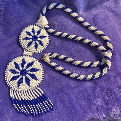 36  Blue White Beaded Rope Necklace Round Charm Pendant