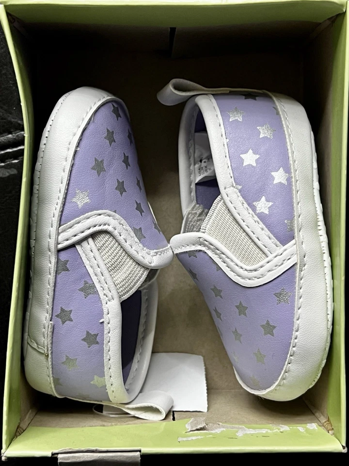 Tênis de caminhada Teeny Toes roxo prata estrelas tamanho 1 largo novo com etiquetas adorável - Imagem 3 de 4