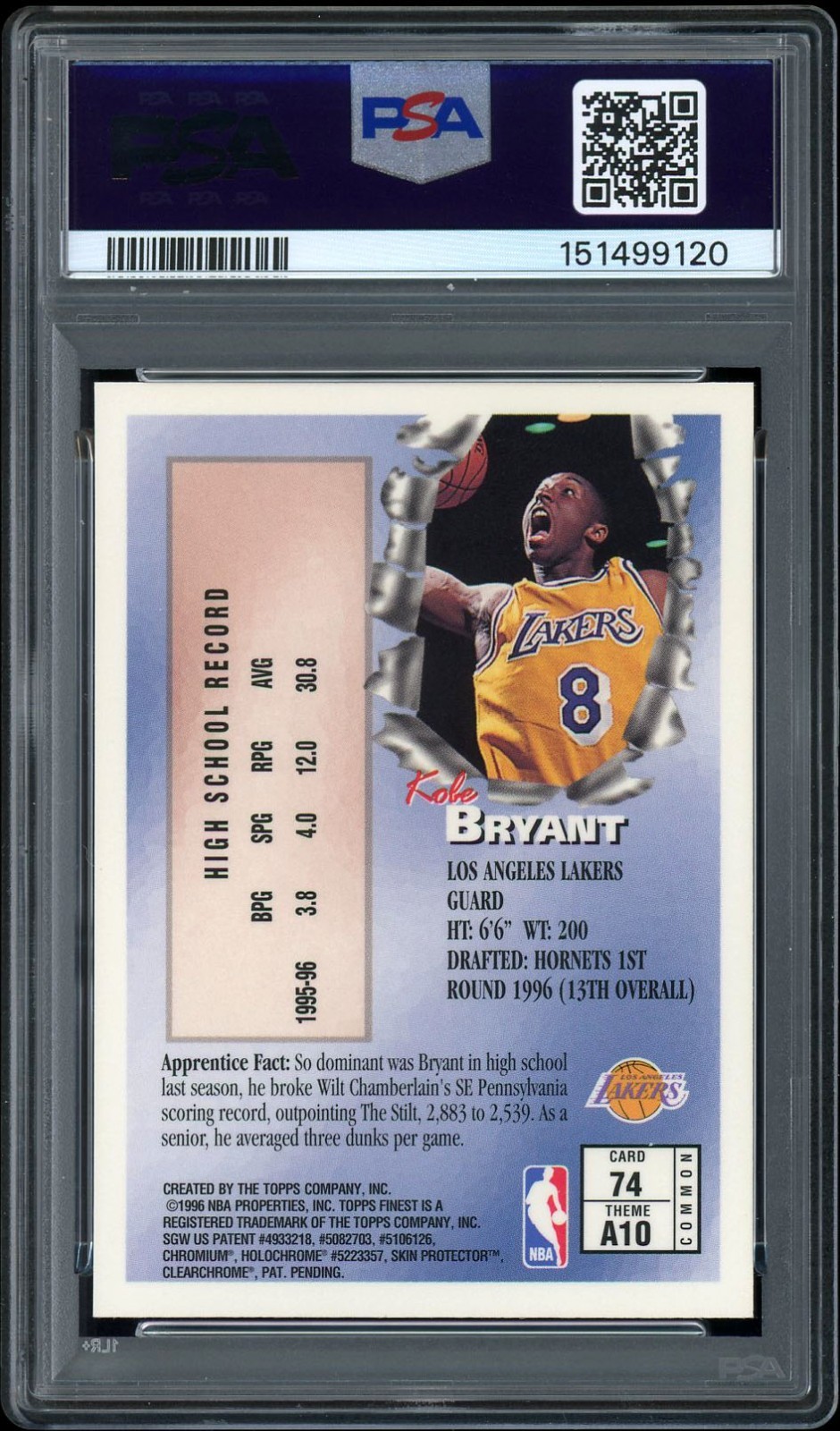 Kobe Bryant 1996 Topps Finest Rookie RC 74 PSA 10 GEM MINT LAKERS HOF view 2