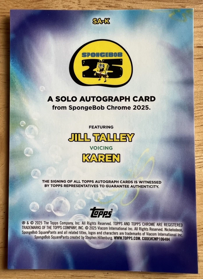 JILL TALLEY KAREN: 2025 Topps Chrome SpongeBob SOLO AUTOGRAPH CARD  - Image 2 of 2
