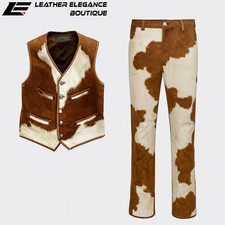 Genuine Cowhide Leather Vest & Pants Set – Western Cowboy Hair-On Hide Outfit