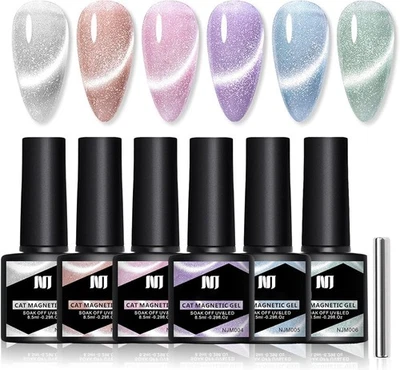 DMQ Cat Eye Gel Nail Polish Set, 6Pcs Iridescent Glitter Magnetic Gel Polish Ki
