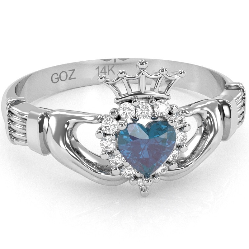 Claddagh Lab Alexandrite Diamond Ring In Solid 14k White Gold