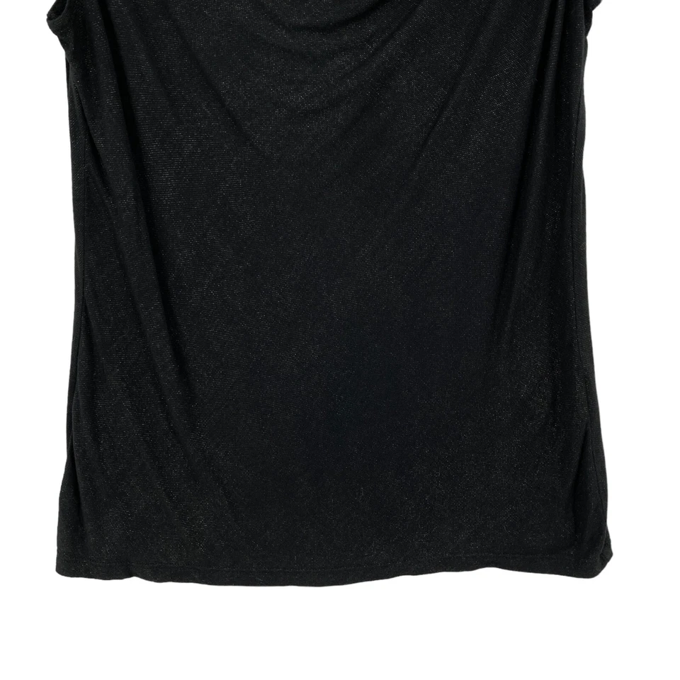 Camiseta sin mangas Tahari para mujer grande negra brillante viscosa sin mangas drapeada capucha cuello Foto 3 de 4