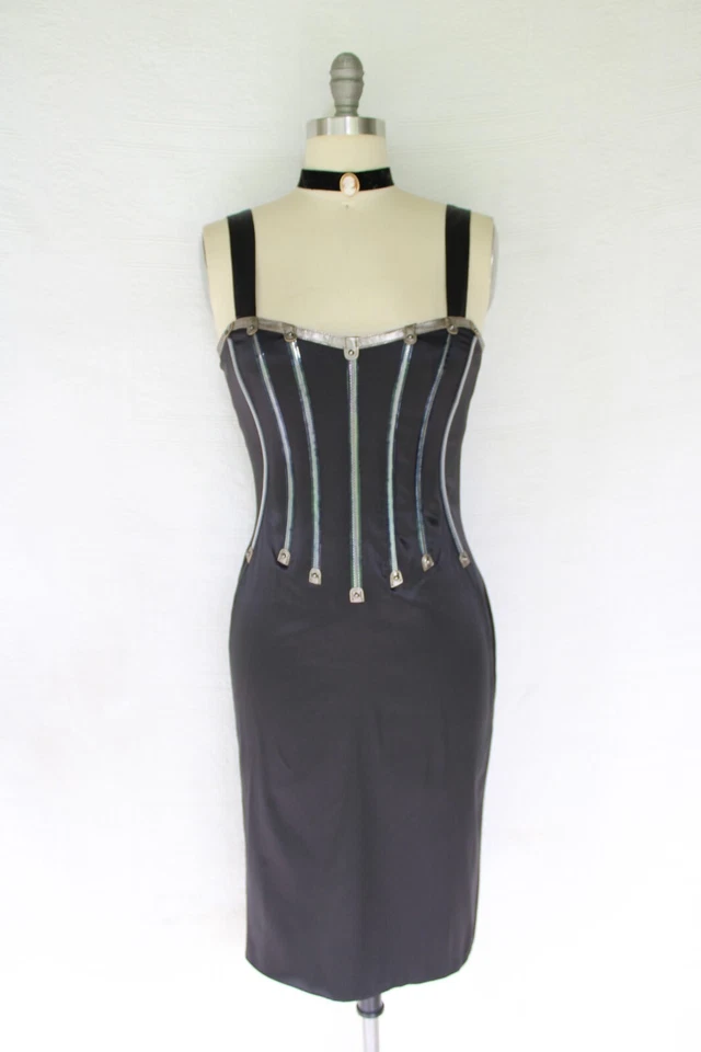 Vintage DOLCE & GABBANA stretch silk leather corset boning girdle wiggle dress - Image 2 of 4