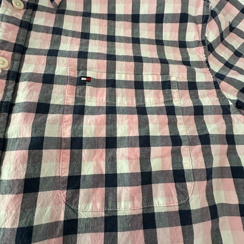 Tommy Hilfiger Shirt Men 2XL Button Down Blue Pink Plaid Custom Short Sleeve Vtg - Picture 2 of 13