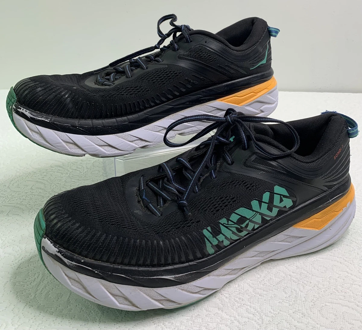 Hoka One One Bondi 7 Black Atlantis Blue Mens Size 12 Running Shoes 1110518  X