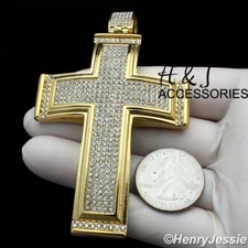 MEN STAINLESS STEEL ICY BLING CZ GOLD PLATED 3D OVERSIZE CROSS PENDANT*AIGP20