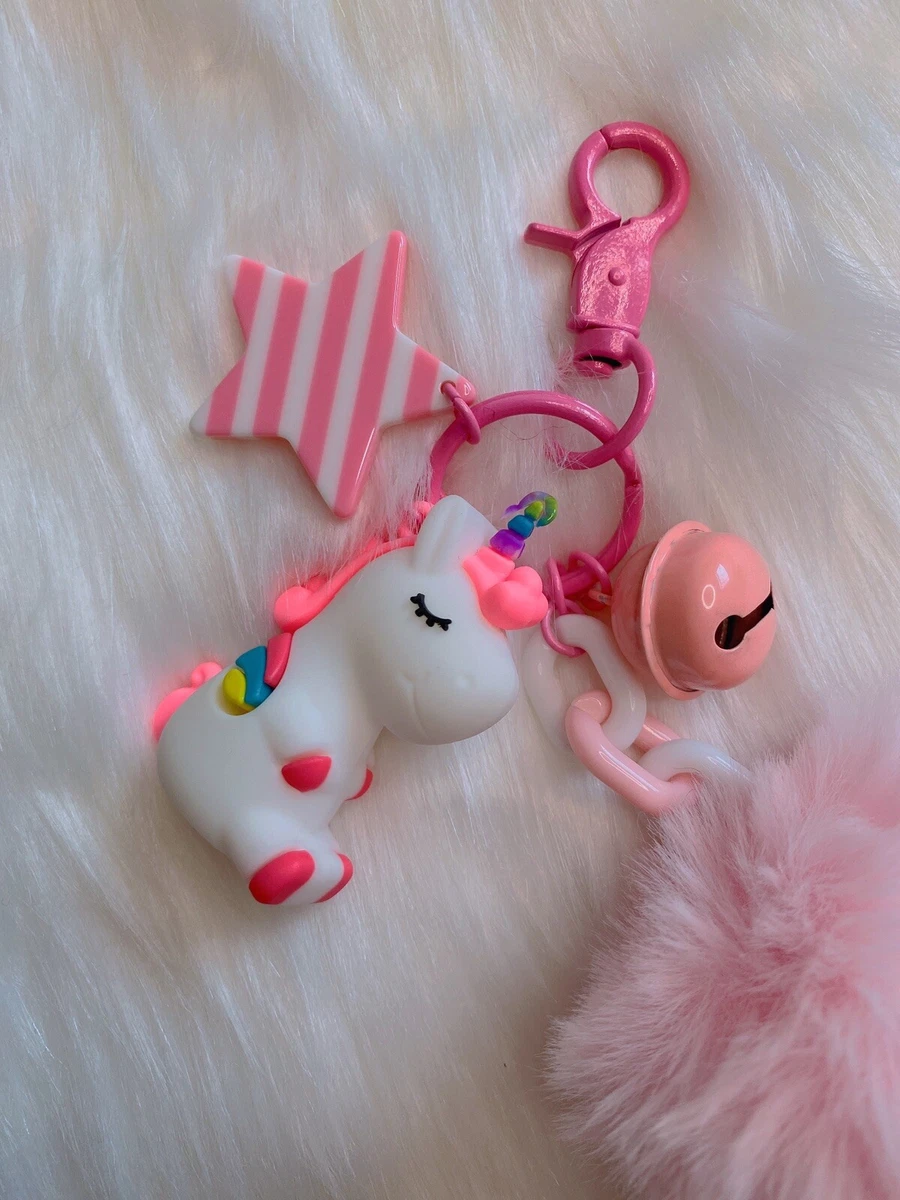 Unicorn Bag Charm Keychain Purse charm Plush Pom Pom Pink Fluffy