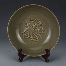 8.8" Good Chinese Yaozhou Kiln Porcelain Carve Kylin Grain Lotus Flower Bowls