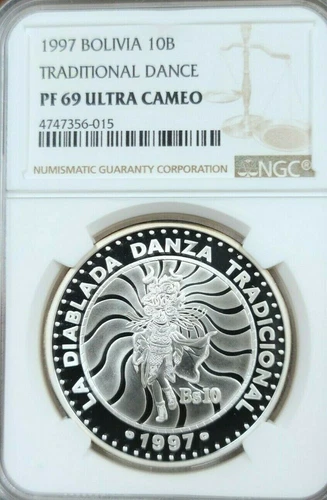 1997 BOLIVIA SILVER 10 BOLIVIANOS TRADITIONAL DANCE NGC PF 69 ULTRA CAMEO