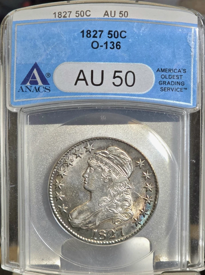 1827 Capped Bust Half Dollar ANACS AU50 Toned Silver Coin O-136 Square Base 2 R4 - Image 4 of 4