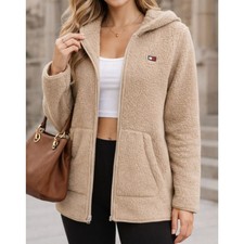 Tommy Hilfiger Women s Large Sherpa Fleece Hoodie Beige Zip Up Jacket