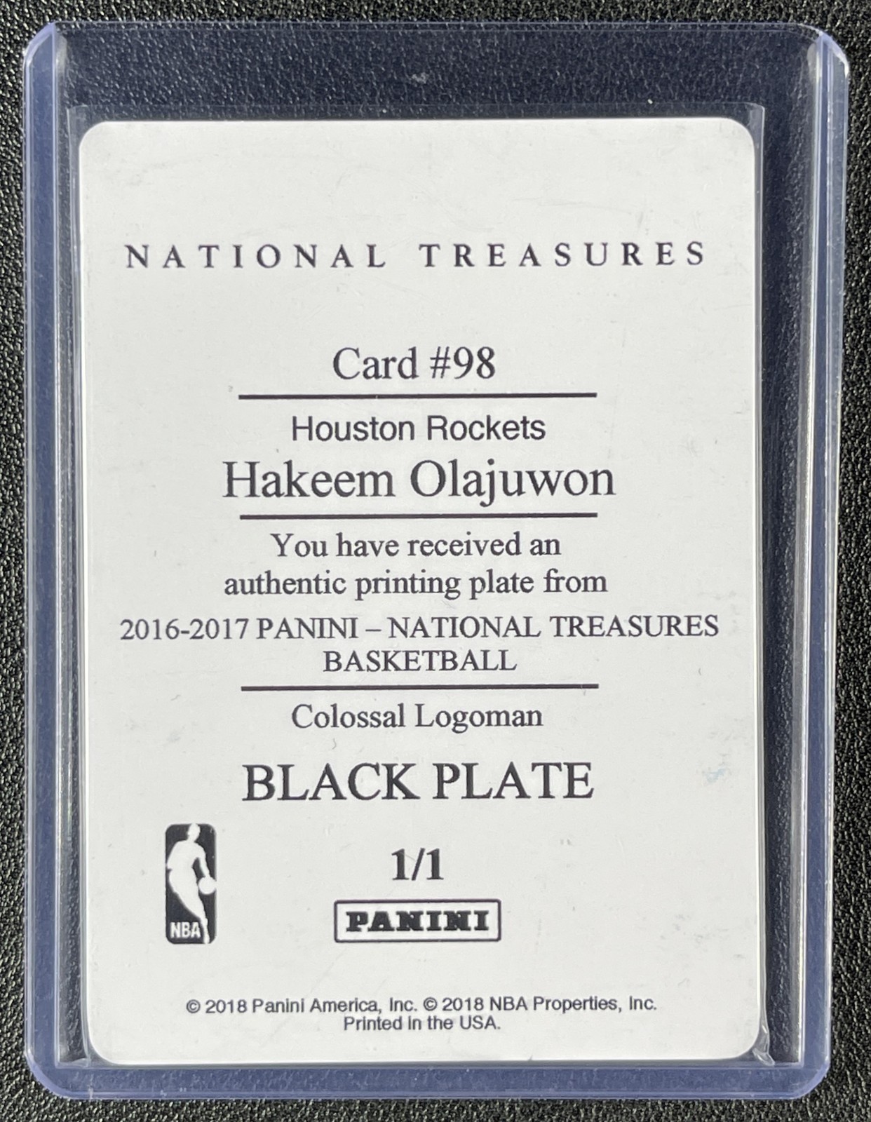 HAKEEM OLAJUWON 2016 NATIONAL TREASURES #98 COLOSSAL LOGOMAN PRINTING PLATE 1/1 view 2