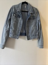 Free People Denim Forge Jacket Blue Distressed Faded Classic Boho Chic Sz S EUC