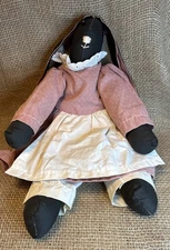 Vintage Handmade BLACK BUNNY RABBIT Primitive Pink Dress with White Apron 
