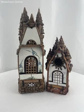 Ceramic House Tea Light Candle Holders Handmade Clay Fantasy Fairy House Set