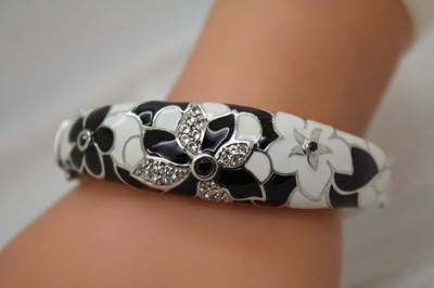 Signed EMA .925 S.S. BLACK & WHITE ENAMEL CZ Hinged bangle #