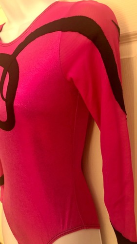 GK LgSLV LADIES SMALL PINK FOIL MESH BLACK RIBBON GYMNASTICS DANCE LEOTARD Sz AS - Picture 4 of 7